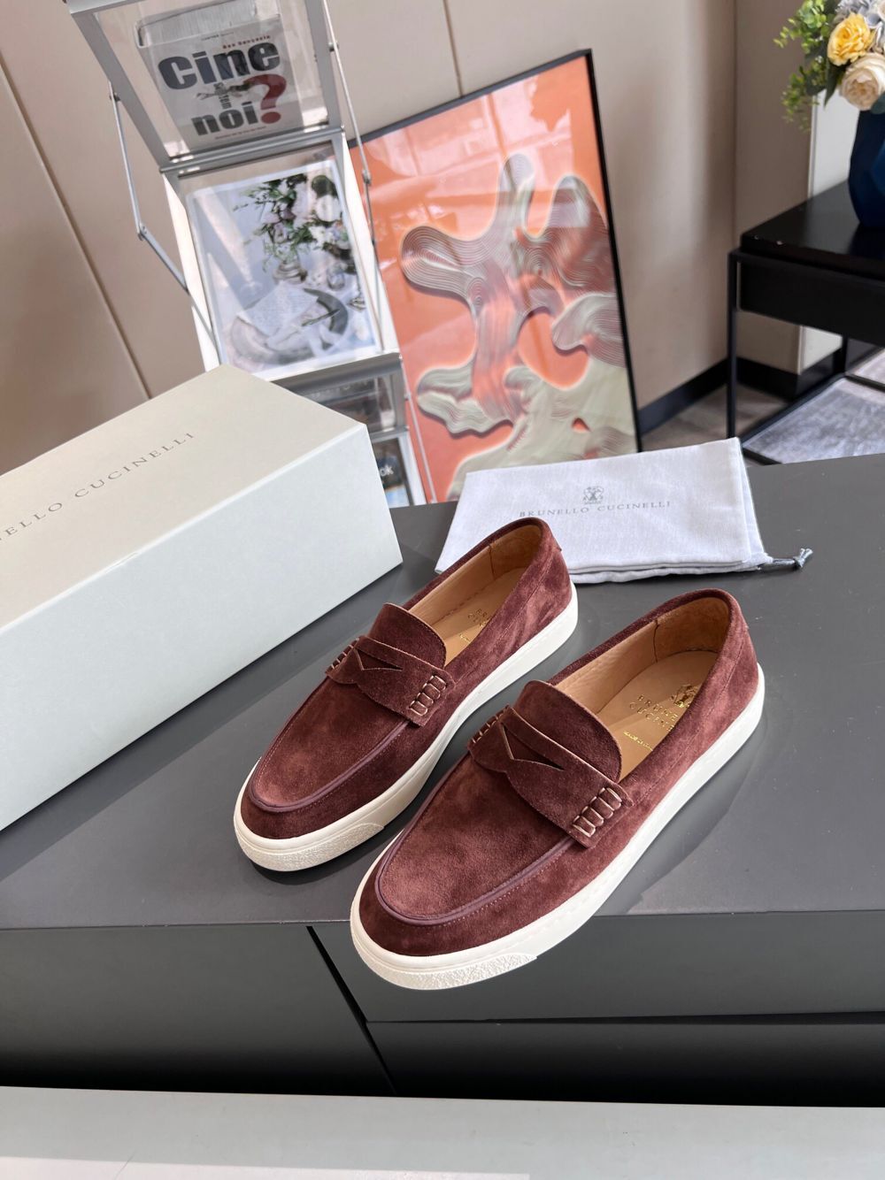 GIÀY BRUNELLO CUCINELLI Suede Burgundy loafer shoes
