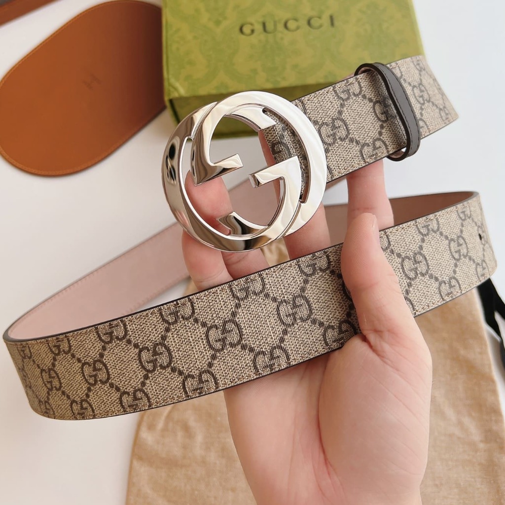 DÂY LƯNG GUCCI GG BROWN CANVAS LEATHER Khóa bạc