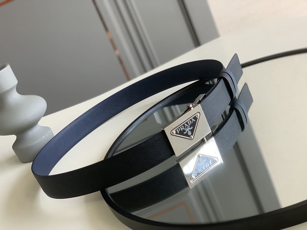 DÂY LƯNG PRADA BLUE SAFFIANO LEATHER Khóa bạc