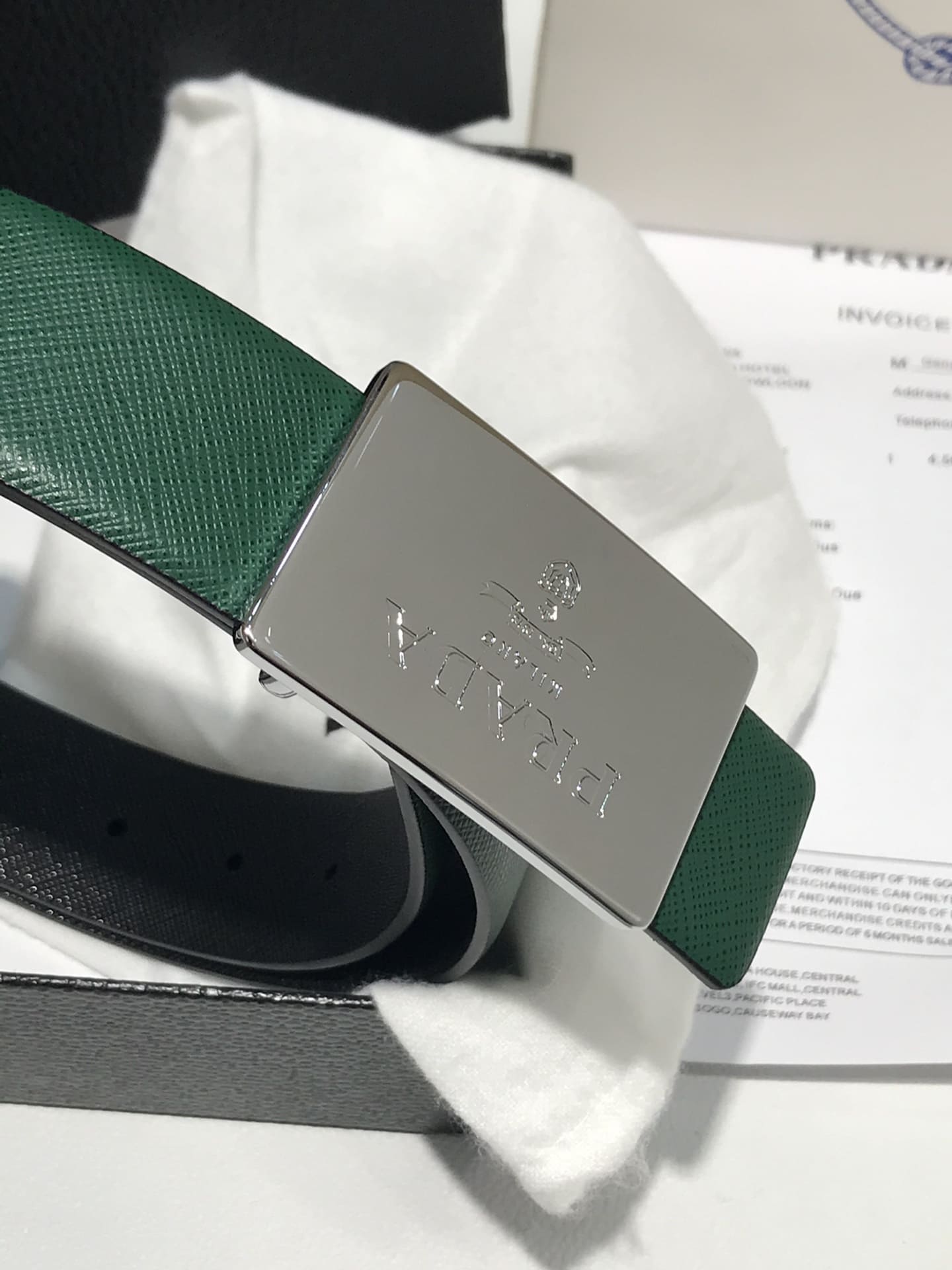DÂY LƯNG PRADA GREEN SAFFIANO LEATHER Khóa bạc