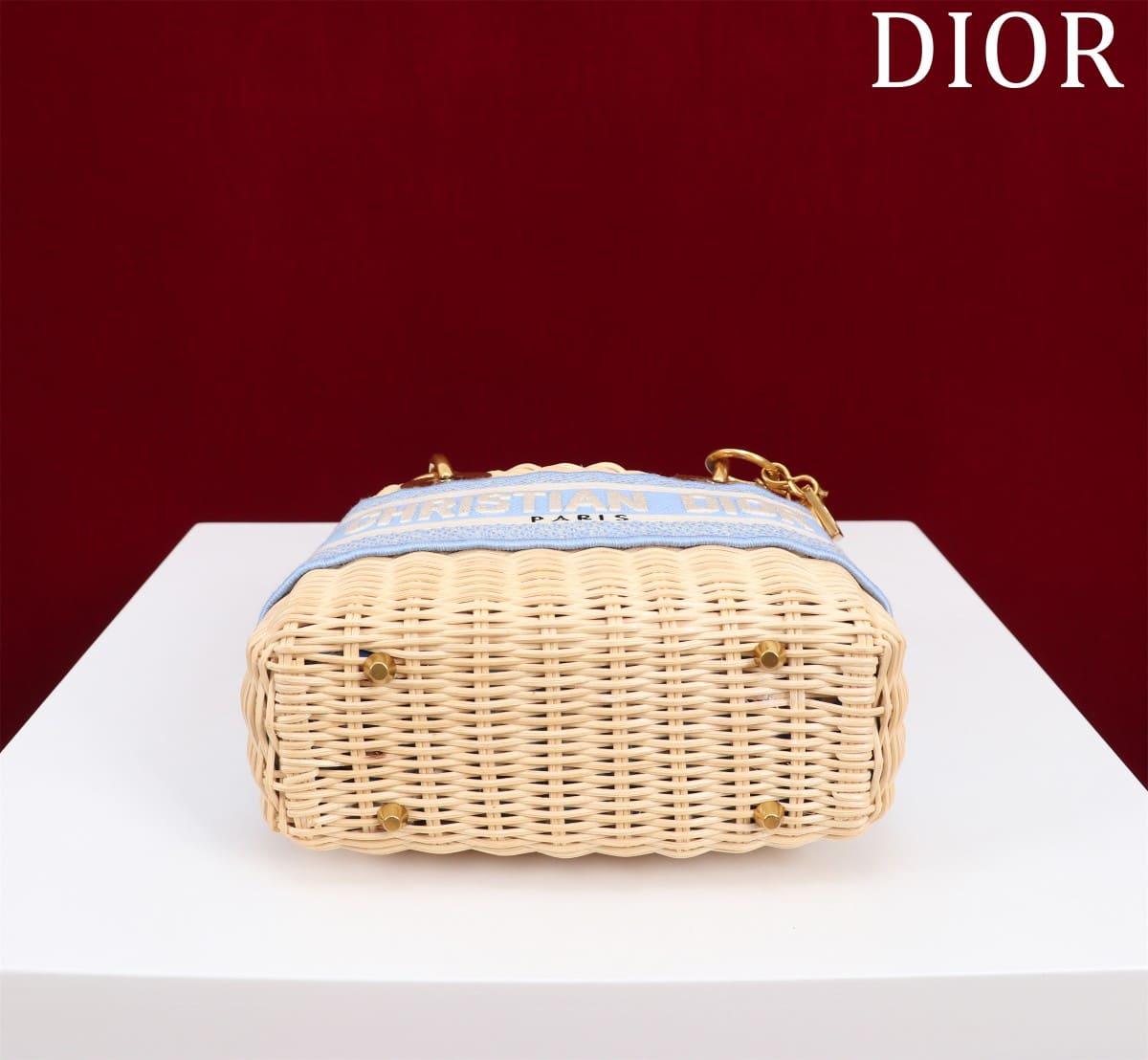 TÚI Dior Women Mini Lady Dior Bag Natural Wicker and Light Blue Dior Oblique Jacquard dệt tay bằng liễu gai