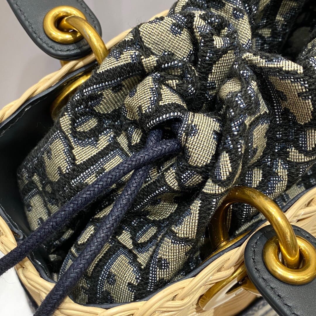 TÚI Dior Women Medium Lady Dior Bag Natural Wicker and Black Dior Oblique Jacquard