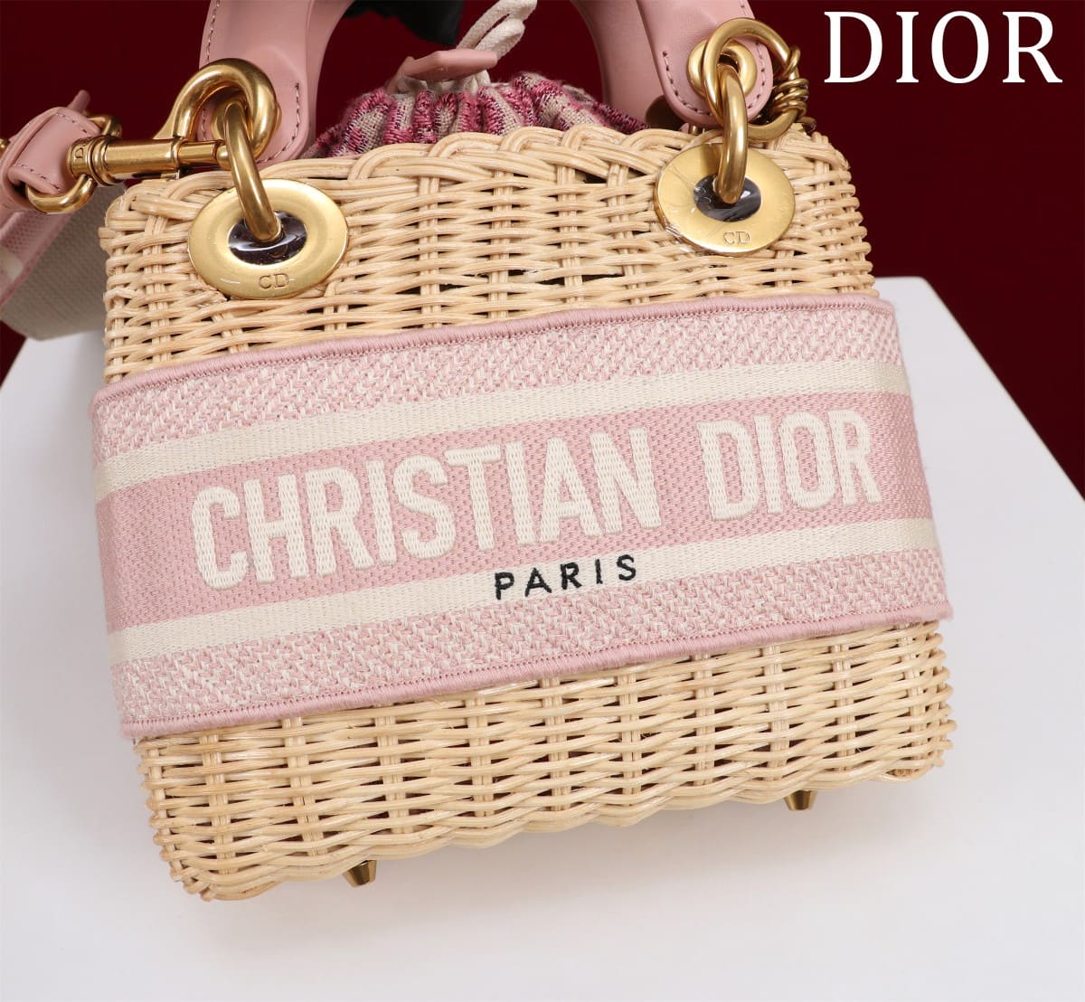 TÚI Dior Women Mini Lady Dior Bag Natural Wicker and Pink Dior Oblique Jacquard dệt tay bằng liễu gai