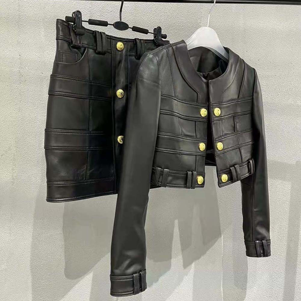 Chân váy Balmain Women High-Waisted Leather Skirt in Lambskin-Black da cừu
