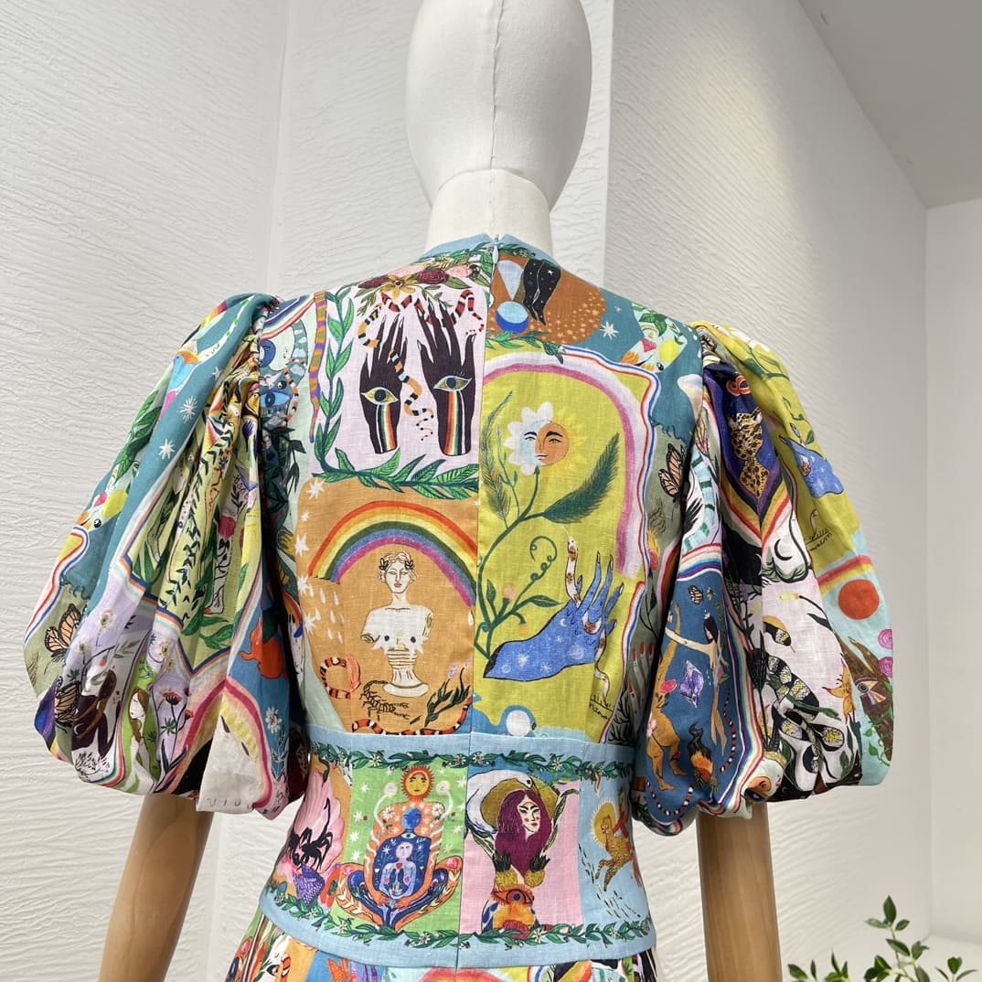 VÁY CAMILLA Portrait Cartoon Floral Print Short Sleeve Midi Dress High Classy
