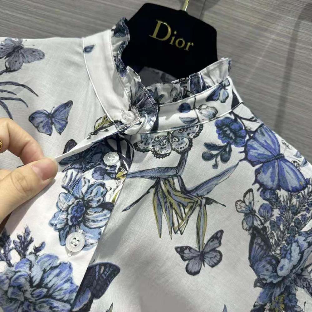 VÁY Dior Mid-length Shirt Dress White and Pastel Midnight Blue Cotton Voile