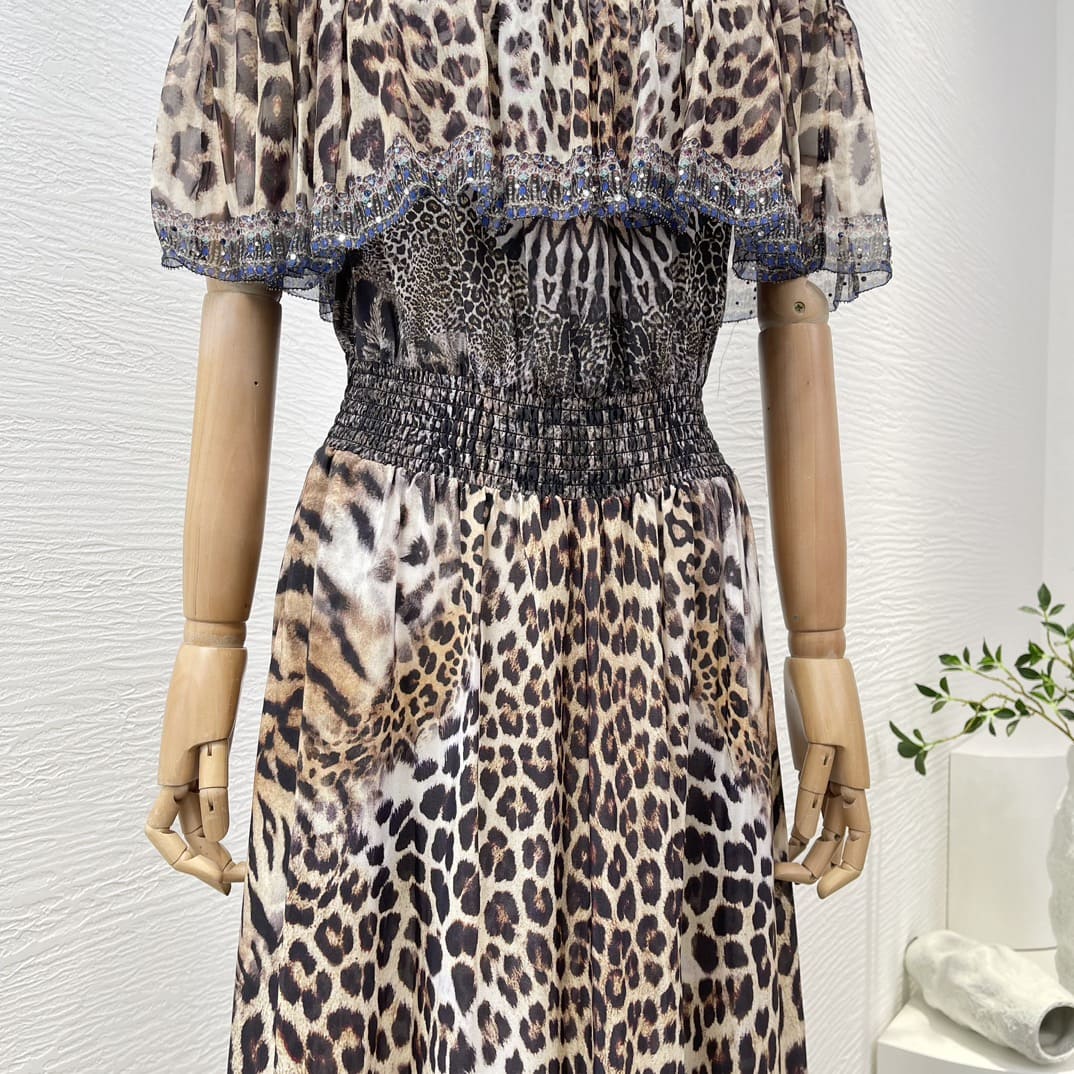 VÁY CAMILLA Worldcloset Diamonds Pressed Leopard Print Off the Shoulder Midi Dress High Classy