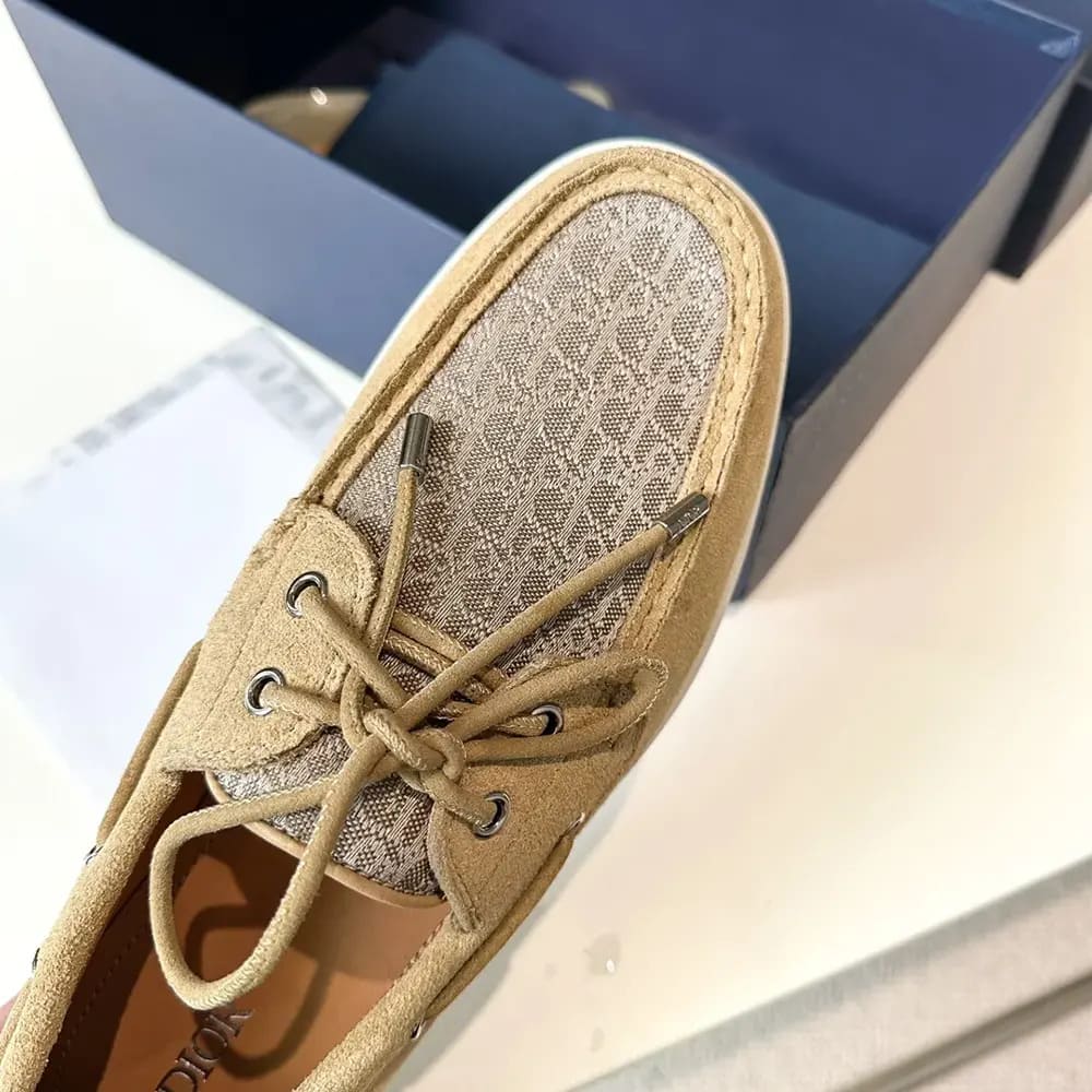 GIÀY DIOR Granville Boat Shoe Beige Suede and Beige Dior Oblique Jacquard
