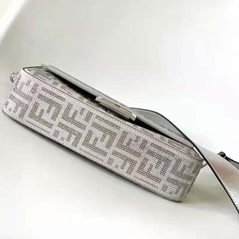 TÚI FENDI  Women Baguette Silver Leather Bag with Crystal FF Motif