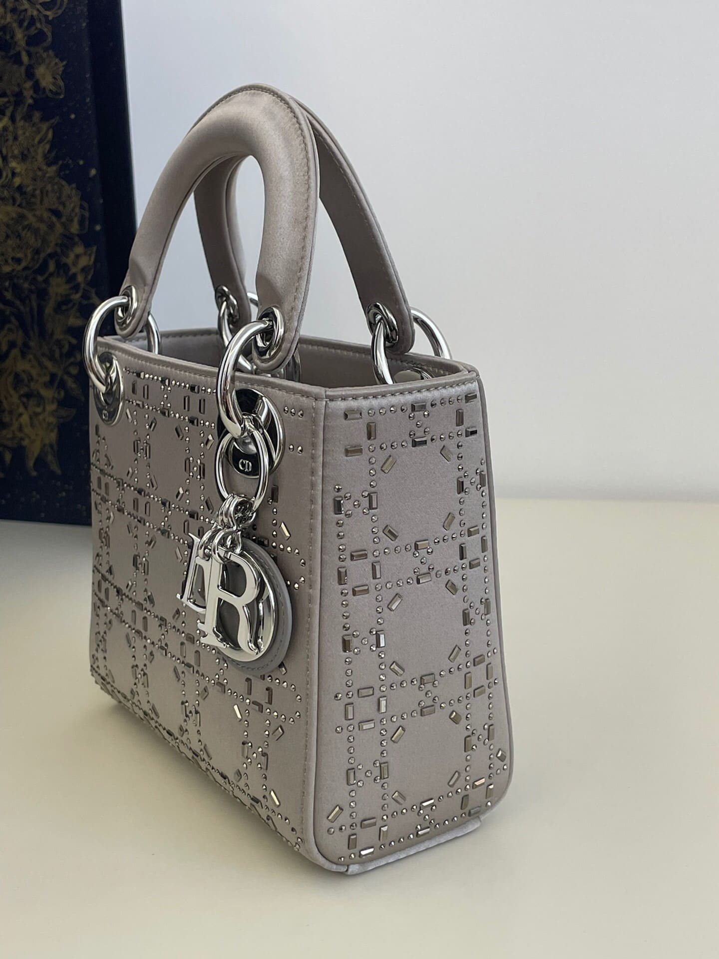 TÚI CHRISTIAN DIOR Mini Lady Dior Bag in Grey Cannage Satin with Rhinestones