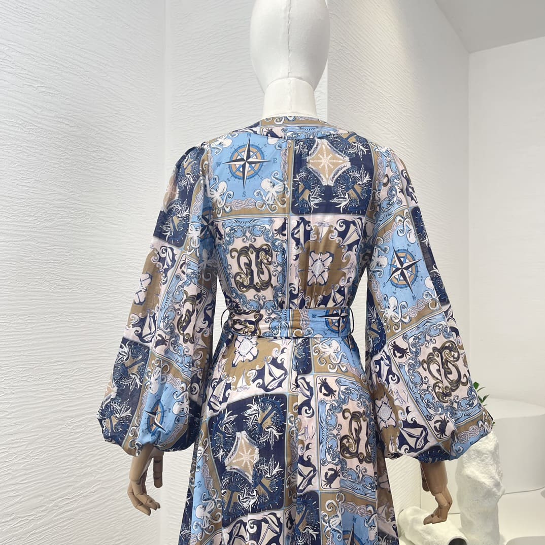 VÁY ZIMMERMANN Blue Plaid Long Lantern Sleeve Wrap Midi Dress High Classy