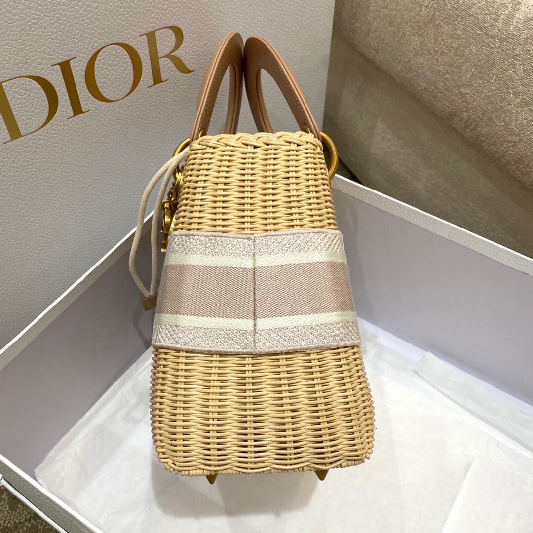 TÚI Dior Women Medium Lady Dior Bag Natural Wicker and Pink Dior Oblique Jacquard