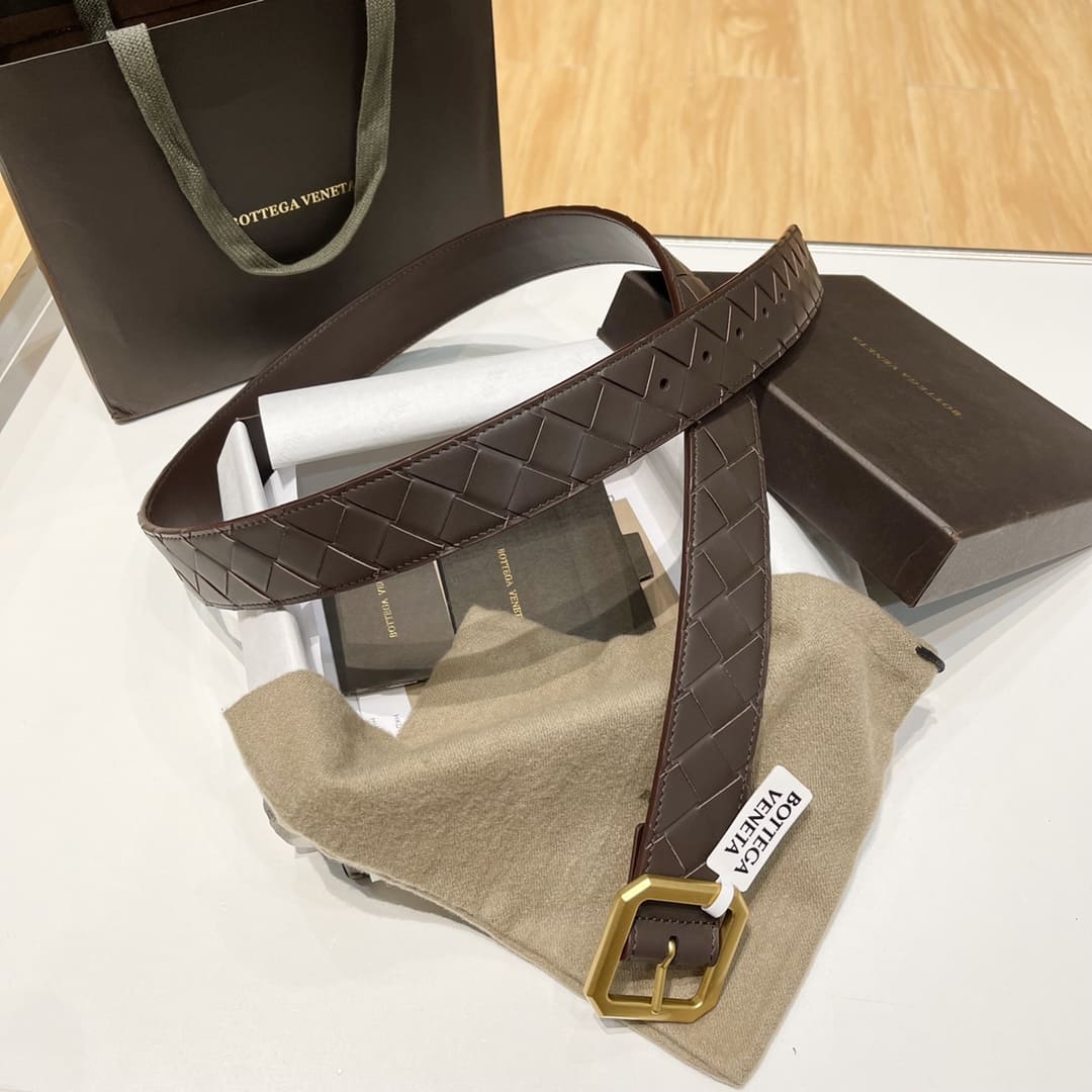 DÂY LƯNG BOTTGA VENETA BROWN INTRECCIATO LEATHER Khóa vàng