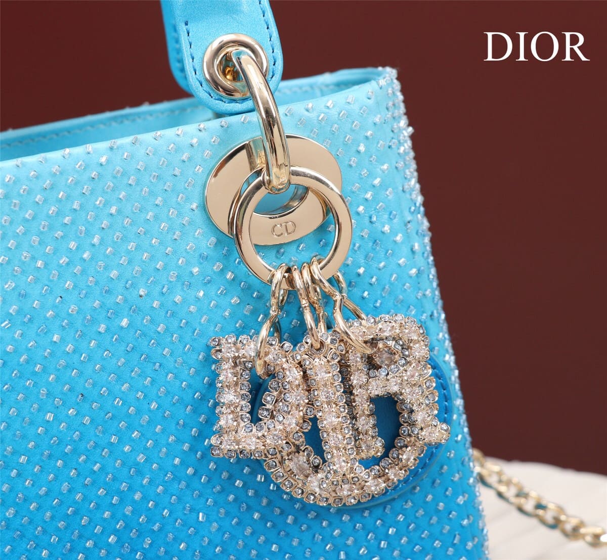 TÚI CHRISTIAN DIOR LADY DIOR Cannage Calfskin with Platinum Beaded Embroidery Blue