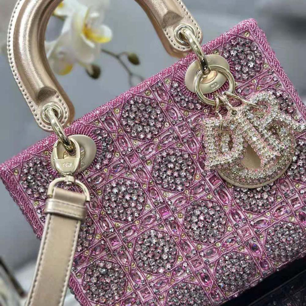TÚI Dior Women Small Lady Dior Bag Metallic Calfskin and Satin with Rose Des Vents Resin Pearl Embroidery
