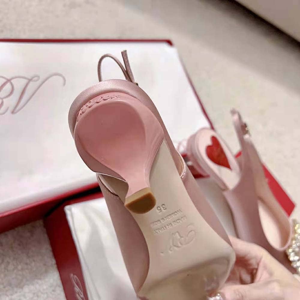 GIÀY Roger Vivier Women Virgule Strass Buckle Slingback Pumps in Satin-Pink