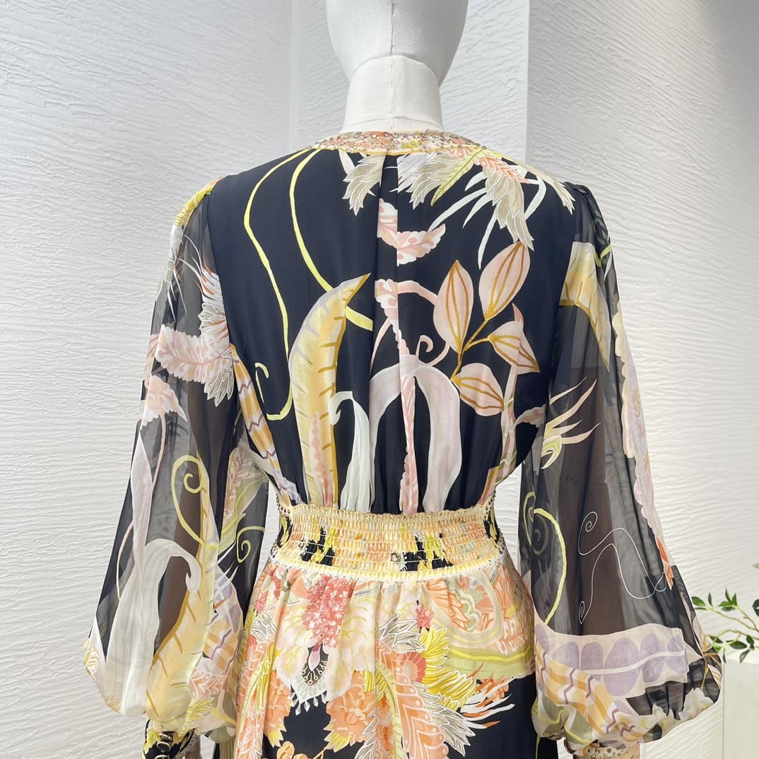 VÁY ZIMMERMANN Beading Black Long Sleeve Floral Print Midi Dress High Classy