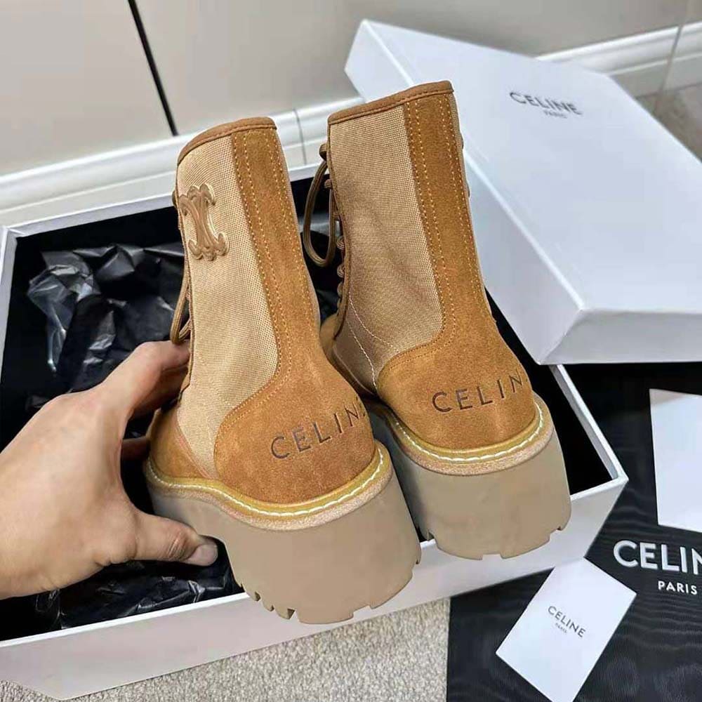 GIÀY Celine Women Bulky Lace-up Boot with Triomphe in Nylon & Suede Calfskin