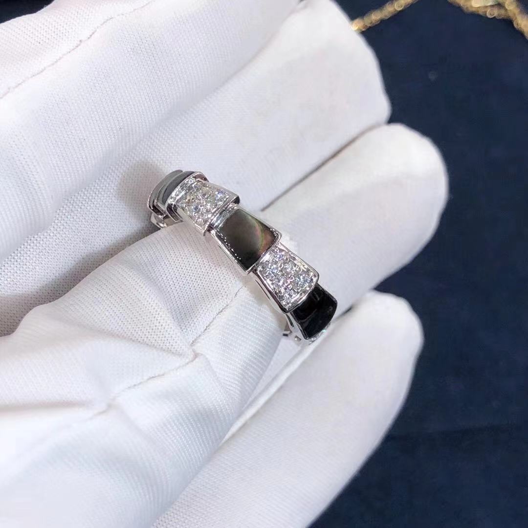 NHẪN BVLGARI Serpenti 18K White Gold Gray Mother-of-pearl and Pavé Diamonds