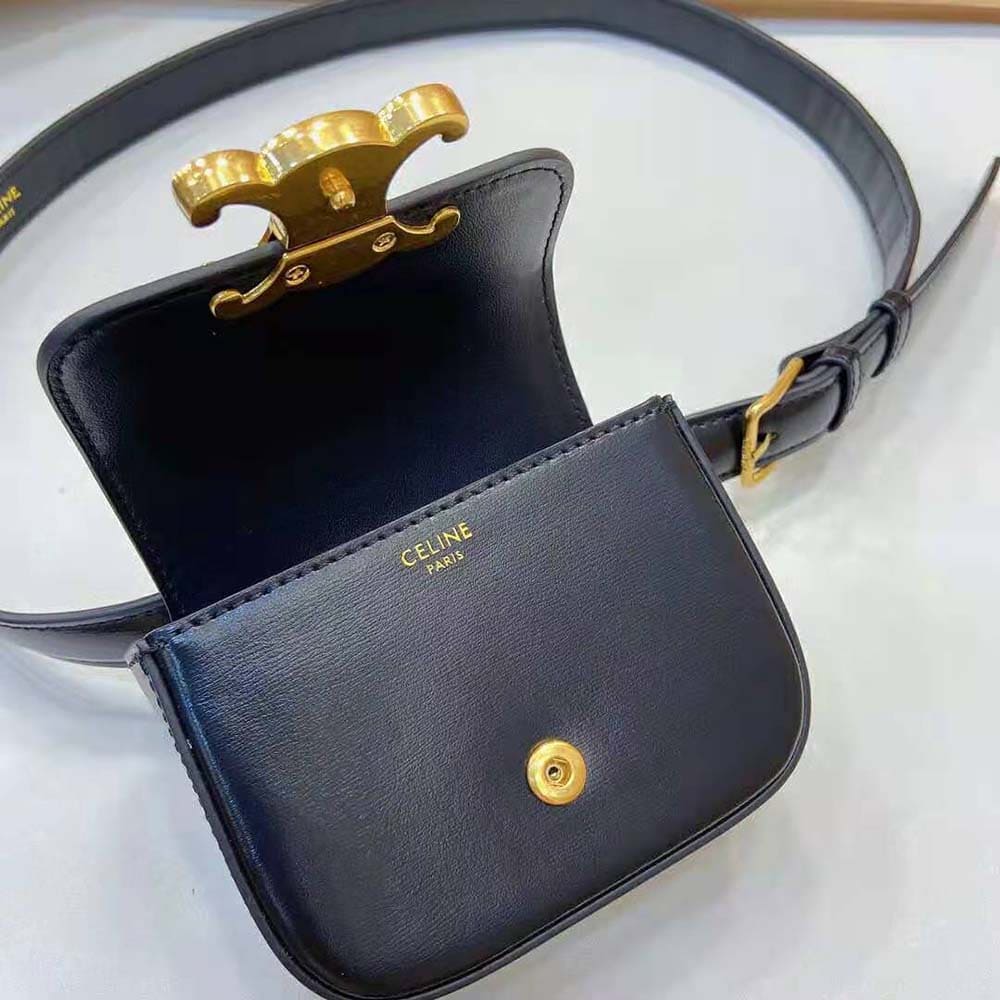 DÂY LƯNG Celine Women Belt Bag Triomphe Belt in Shiny Calfskin-Black