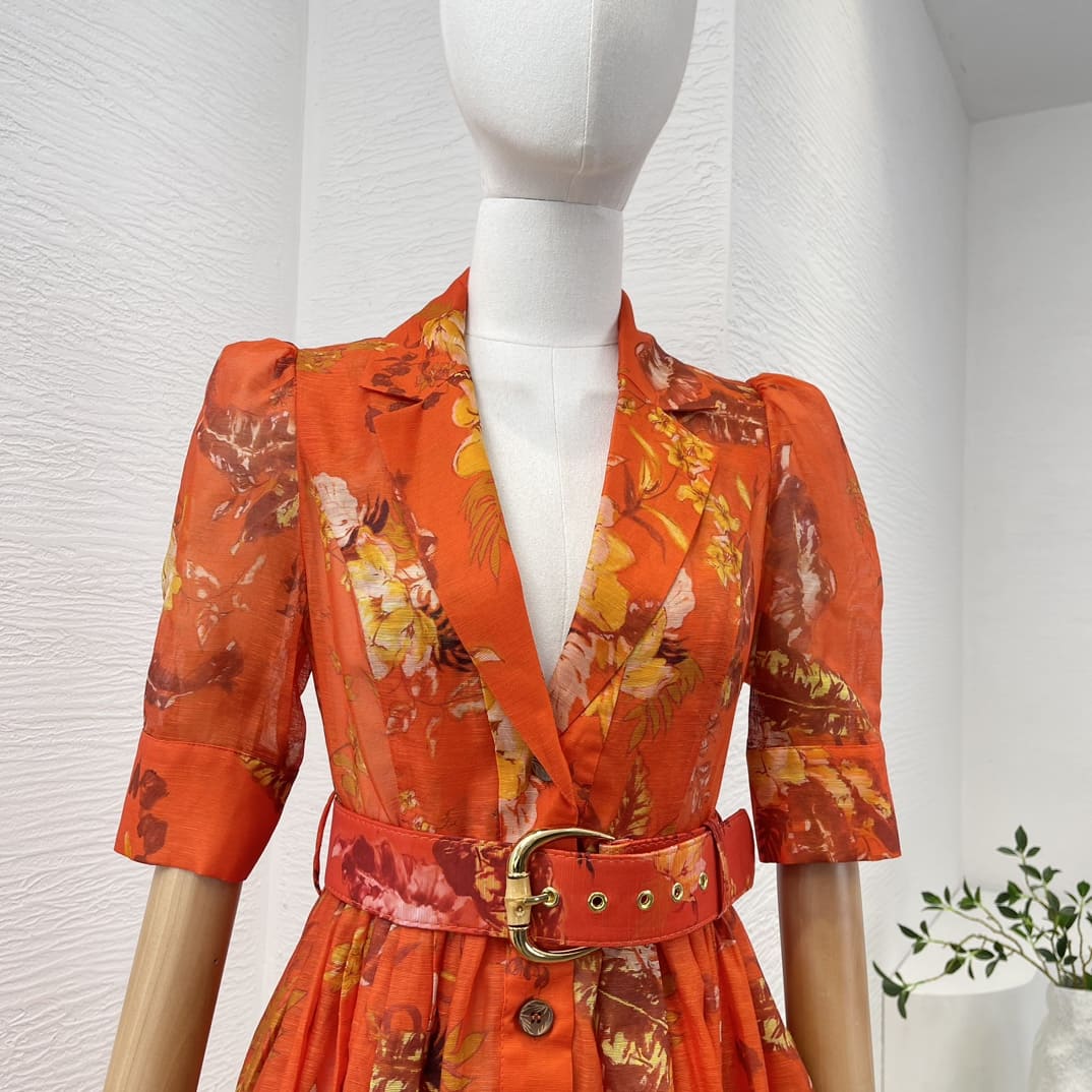 VÁY ZIMMERMANN Holiday Orange Short Sleeve Floral Print Midi Dress High Classy