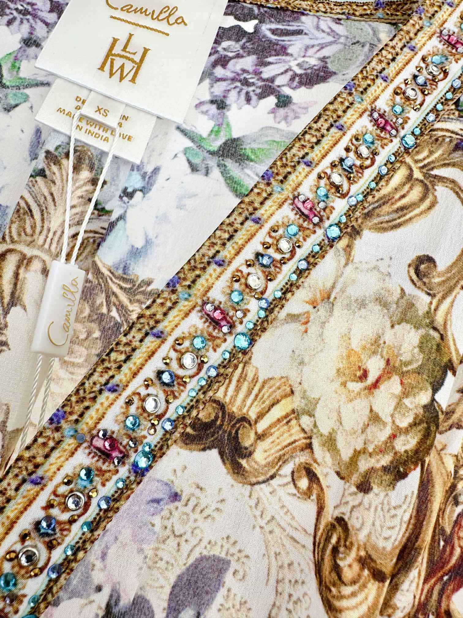 VÁY CAMILLA Silk Blue Cardigan Embellished V-Neck Maxi Dress High Classy Dài Tay