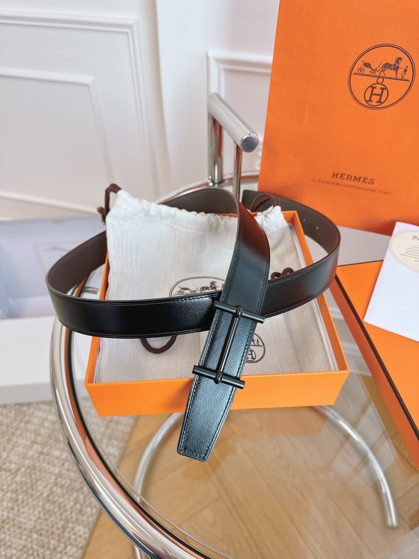 DÂY LƯNG HERMES H BLACK GRAY CALFSKIN leather hai mặt khóa đen