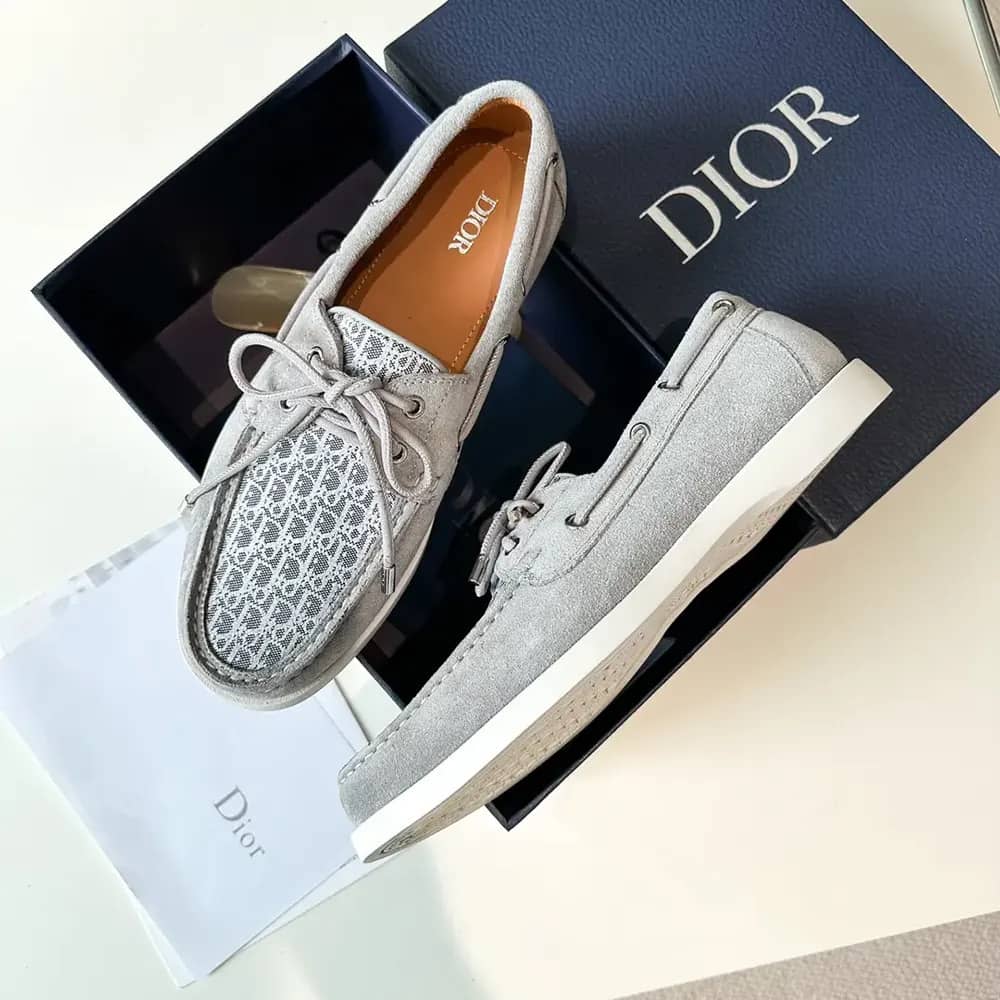 GIÀY DIOR Granville Boat Shoe Dior Gray Suede and Dior Oblique Jacquard