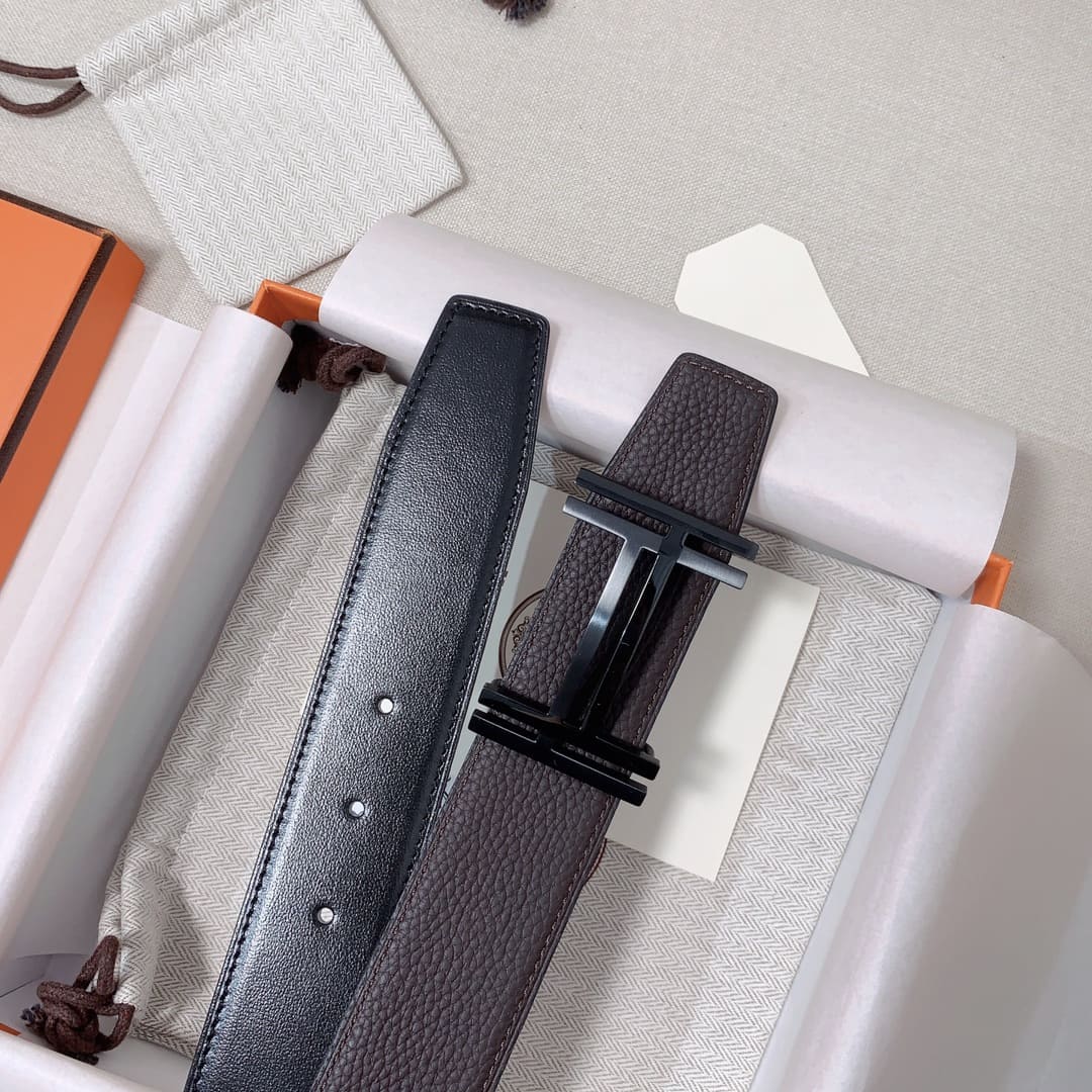 DÂY LƯNG HERMES Double H Matte Black Togo leather hai mặt khóa đen