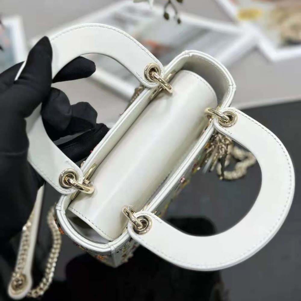 TÚI Dior Women Mini Lady Dior Bag Latte Calfskin Embroidered with Multicolor Small Flowers