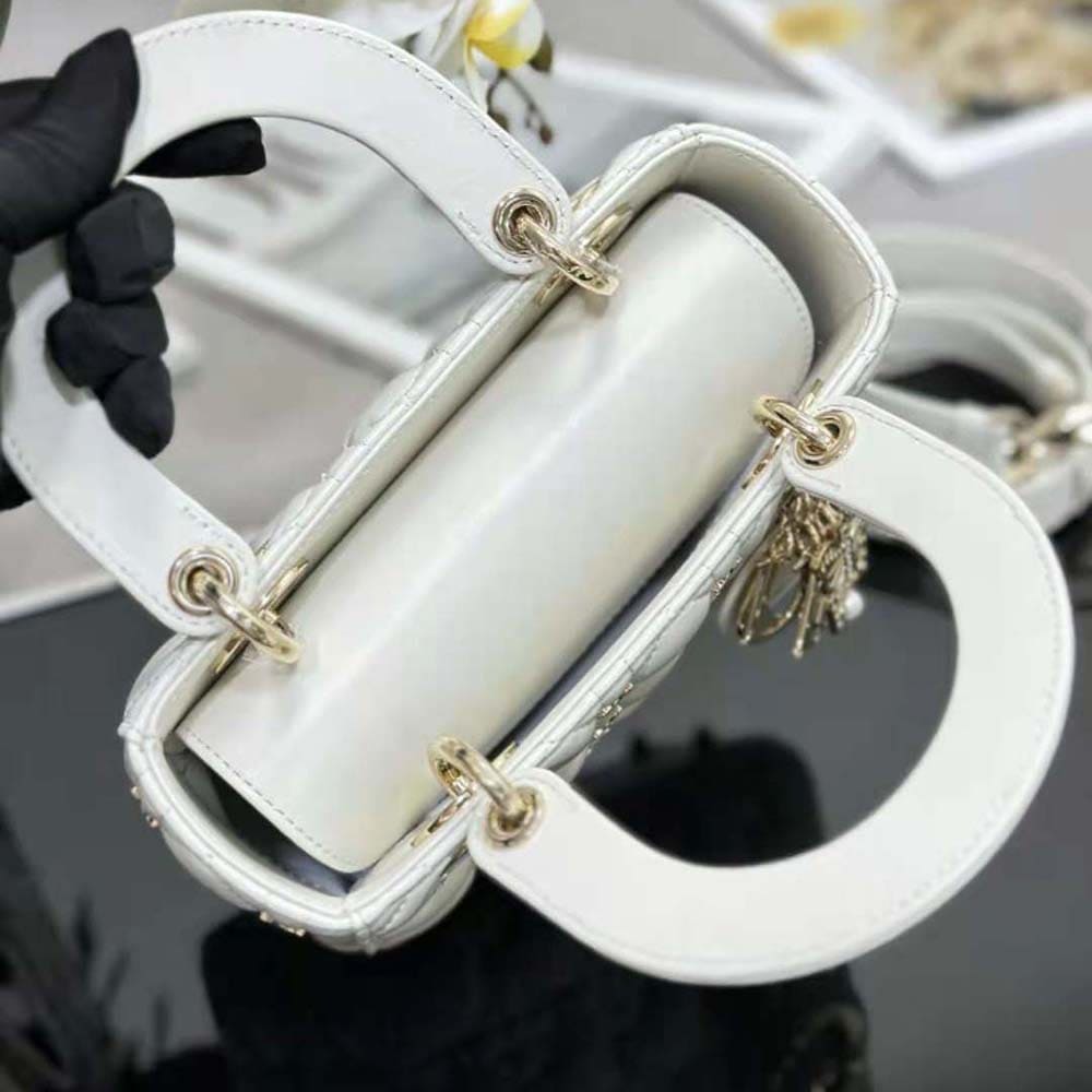 TÚI Dior Women Small Lady Dior Bag White Cannage Lambskin with Gold-Finish Butterfly Studs