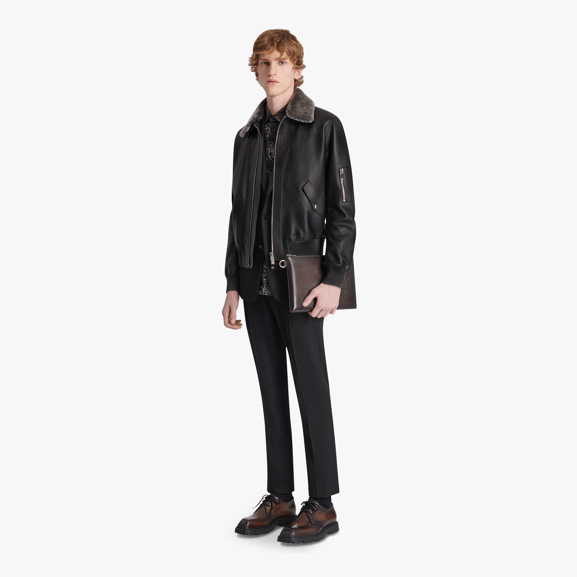 ÁO BERLUTI FUR COLLAR NOIR leather jacket SS2021