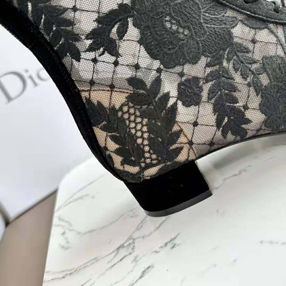 GIÀY Dior Women Naughtily-d Ankle Boot Black Transparent Mesh and Suede Embroidered