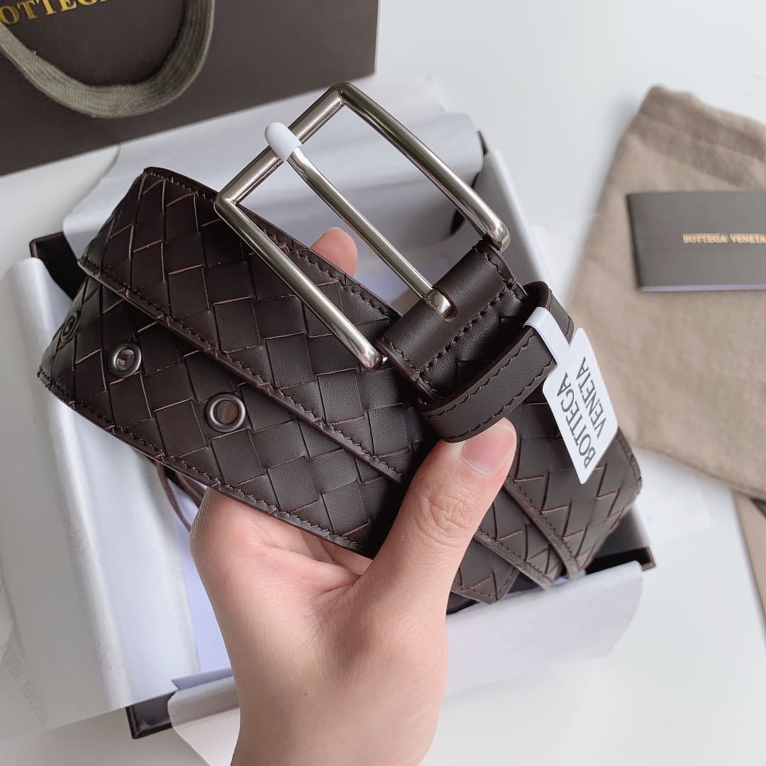 DÂY LƯNG BOTTGA VENETA BROWN INTRECCIATO LEATHER Khóa bạc