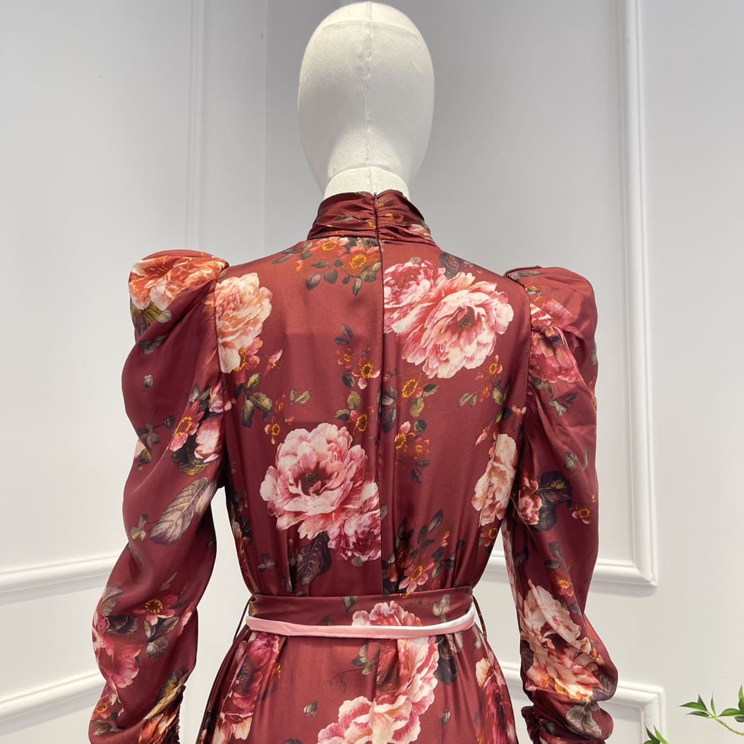 VÁY ZIMMERMANN Pink Rose Print Red Midi Dress with belt High Classy