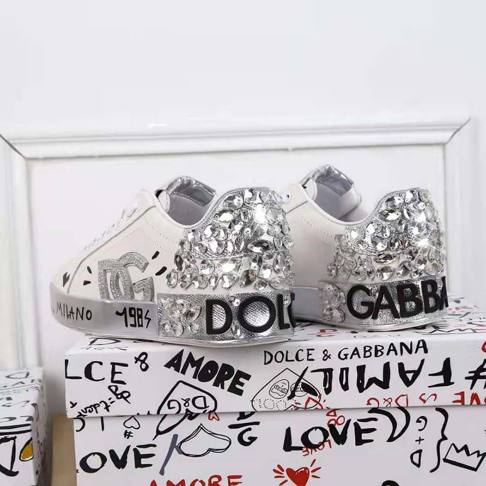 GIÀY DOLCE & GABBANA Printed Calfskin Nappa Portofino Sneakers with DG Logo and Embroidery-Silver