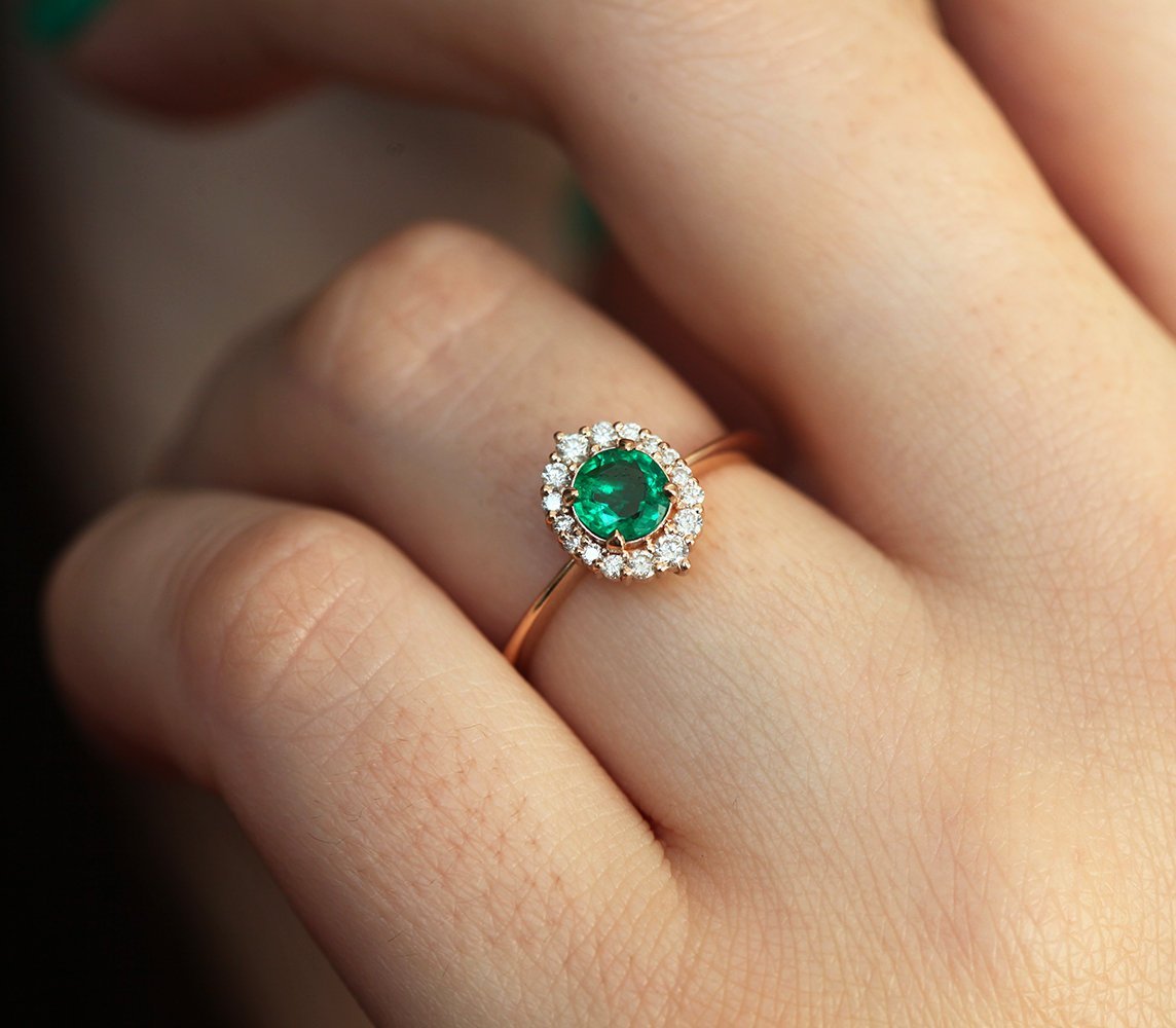 ROSE GOLD EMERALD RING DIAMOND HALO EMERALD ENGAGEMENT RING