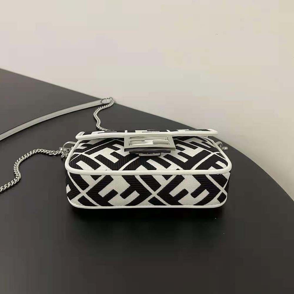 TÚI FENDI Women Baguette Mini White and Black Canvas Bag with FF Embroidery