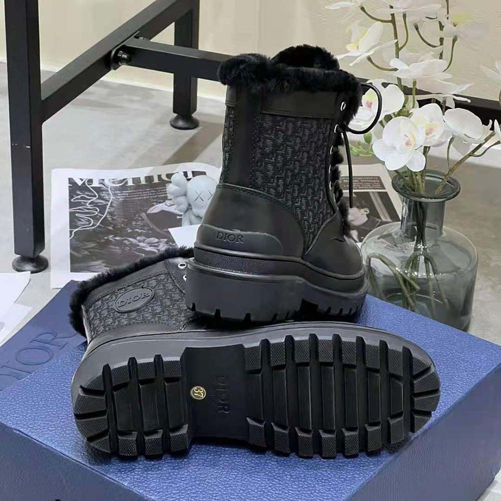 GIÀY Dior Explorer Ankle Boot Black Smooth Calfskin and Dior Oblique Jacquard