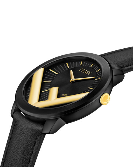 FENDI F Logo Analog Leather Watch with Black Strap
