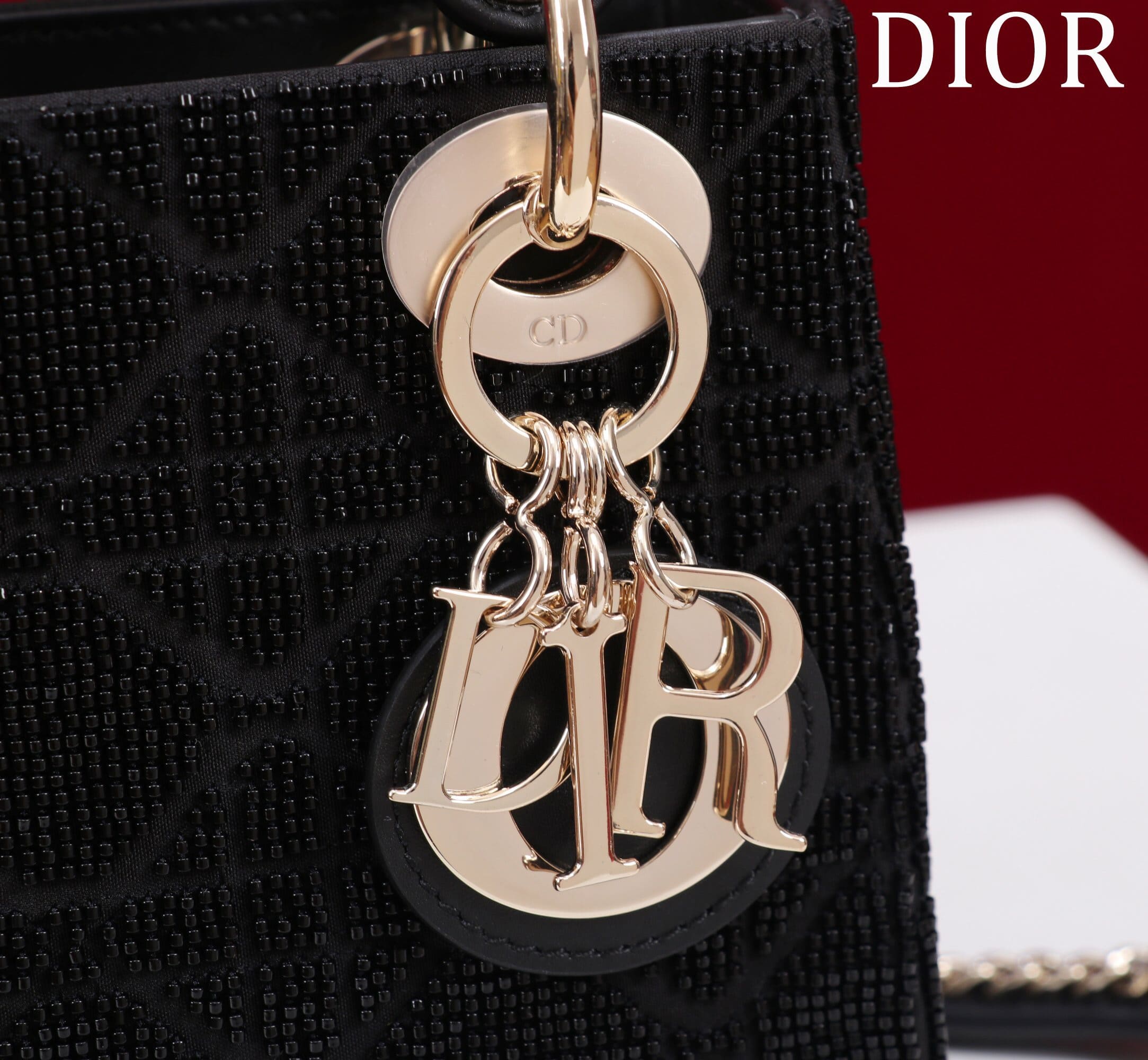TÚI CHRISTIAN DIOR LADY DIOR Cannage Calfskin with Platinum Beaded Embroidery Black