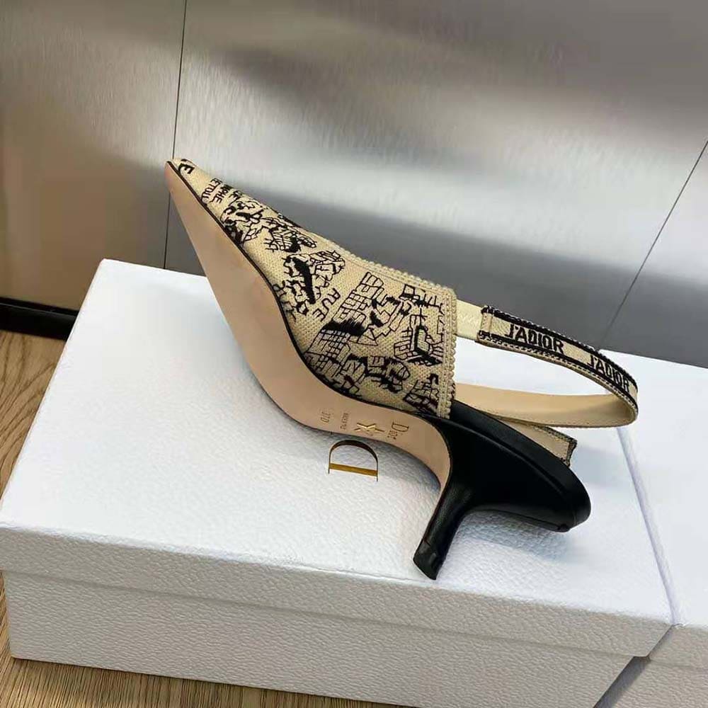 GIÀY Dior Women J’Adior Slingback Pump Beige and Black Cotton Embroidered with Plan de Paris Motif