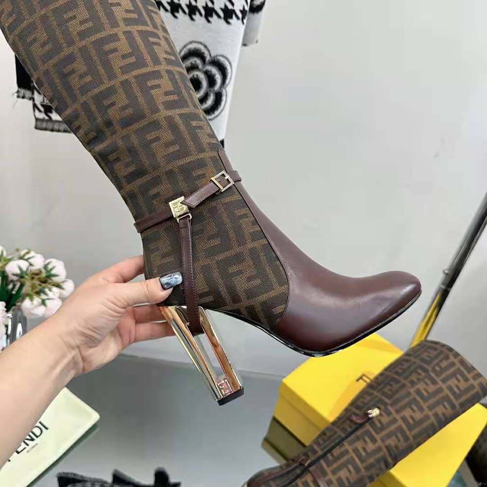 GIÀY Fendi Women Delfina Brown Leather High-heeled Boots