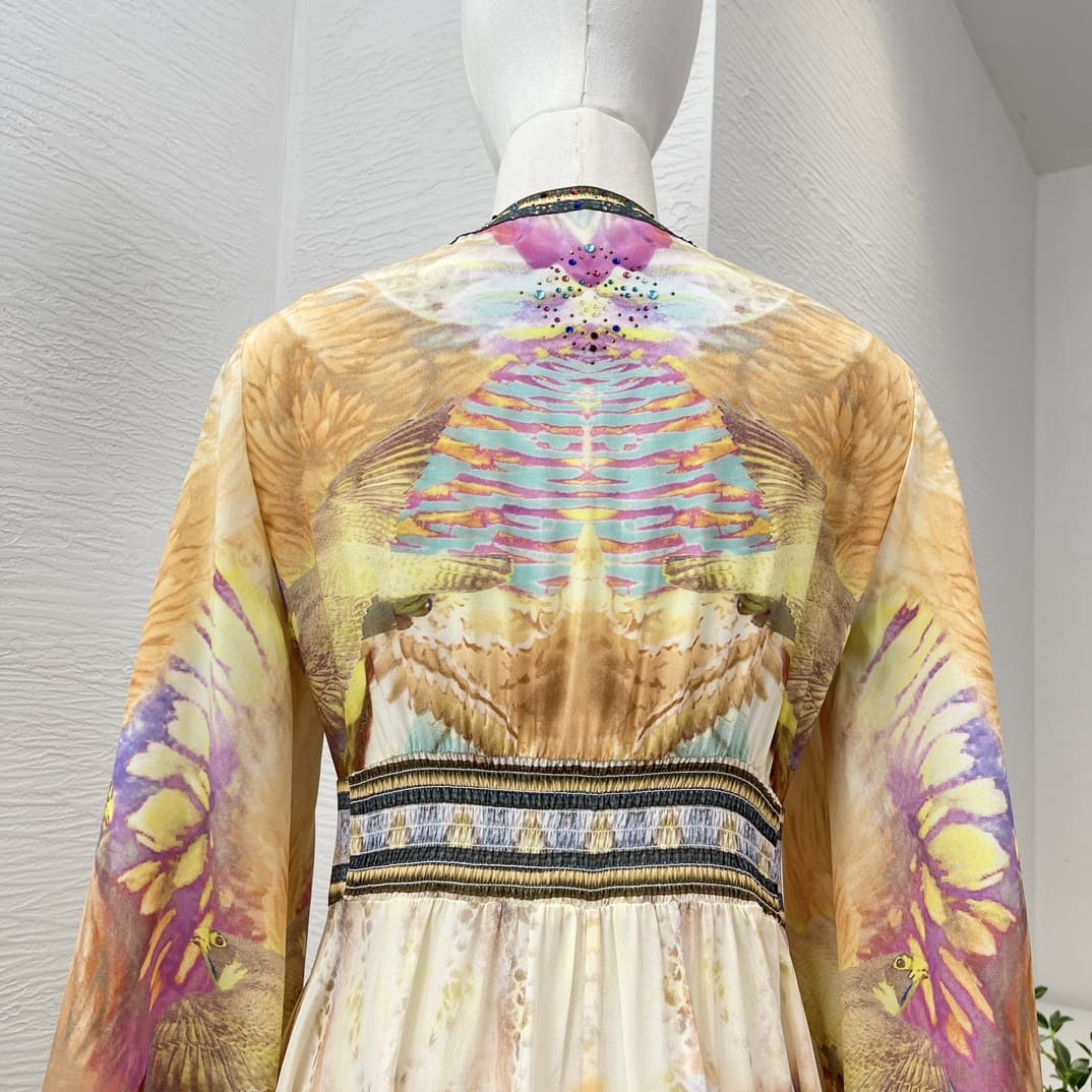 VÁY CAMILLA Golden Floral Print Diamonds Pressed Midi Dress High Classy