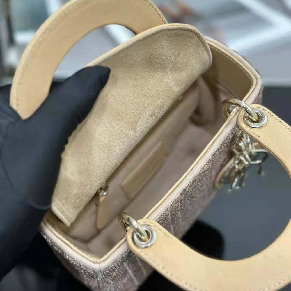 TÚI Dior Women Mini Lady D-joy Bag Caramel Beige Cannage Cotton Embroidered with Micropearls