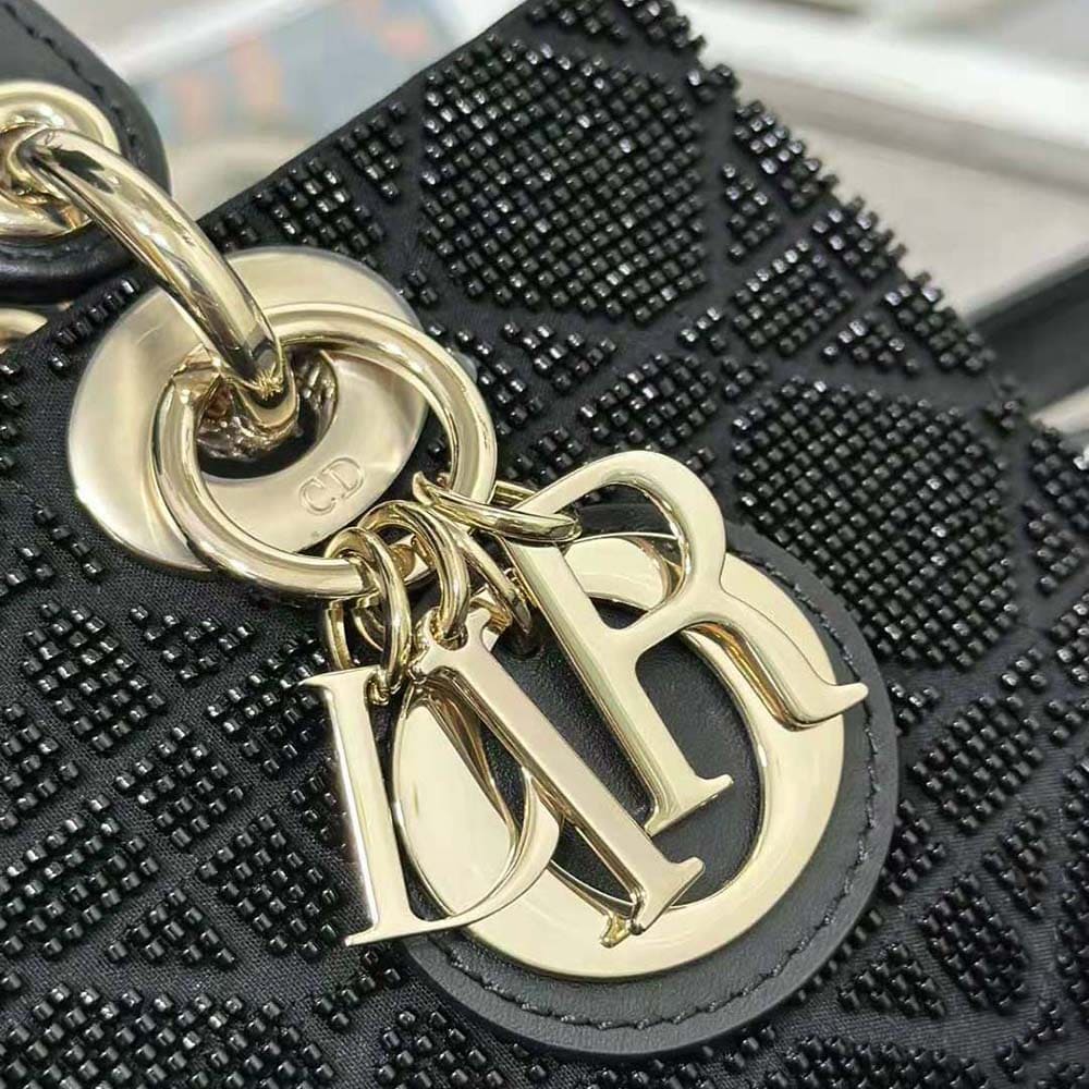 TÚI Dior Women Small Lady D-joy Bag Black Cannage Cotton with Micropearl Embroidery