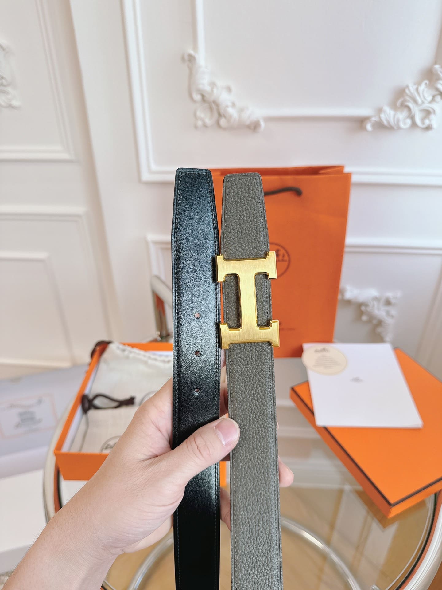 DÂY LƯNG HERMES H GRAY Togo leather hai mặt khóa bạc