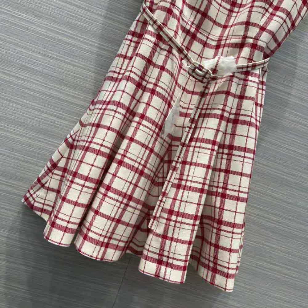 Váy Dior Women Short Dress Raspberry and White Check n Dior Pop Wool Twill