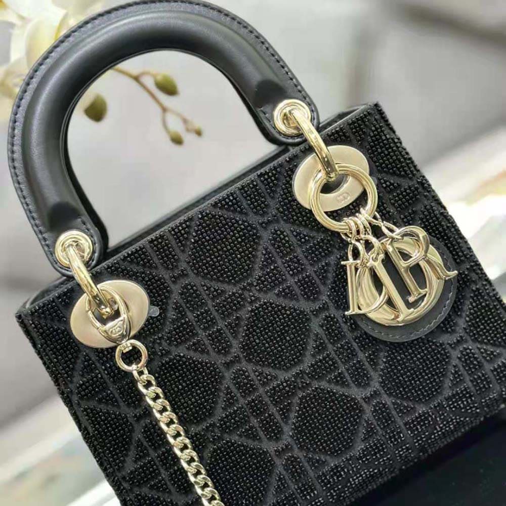 TÚI Dior Women Mini Lady D-joy Bag Black Cannage Cotton with Micropearl Embroidery