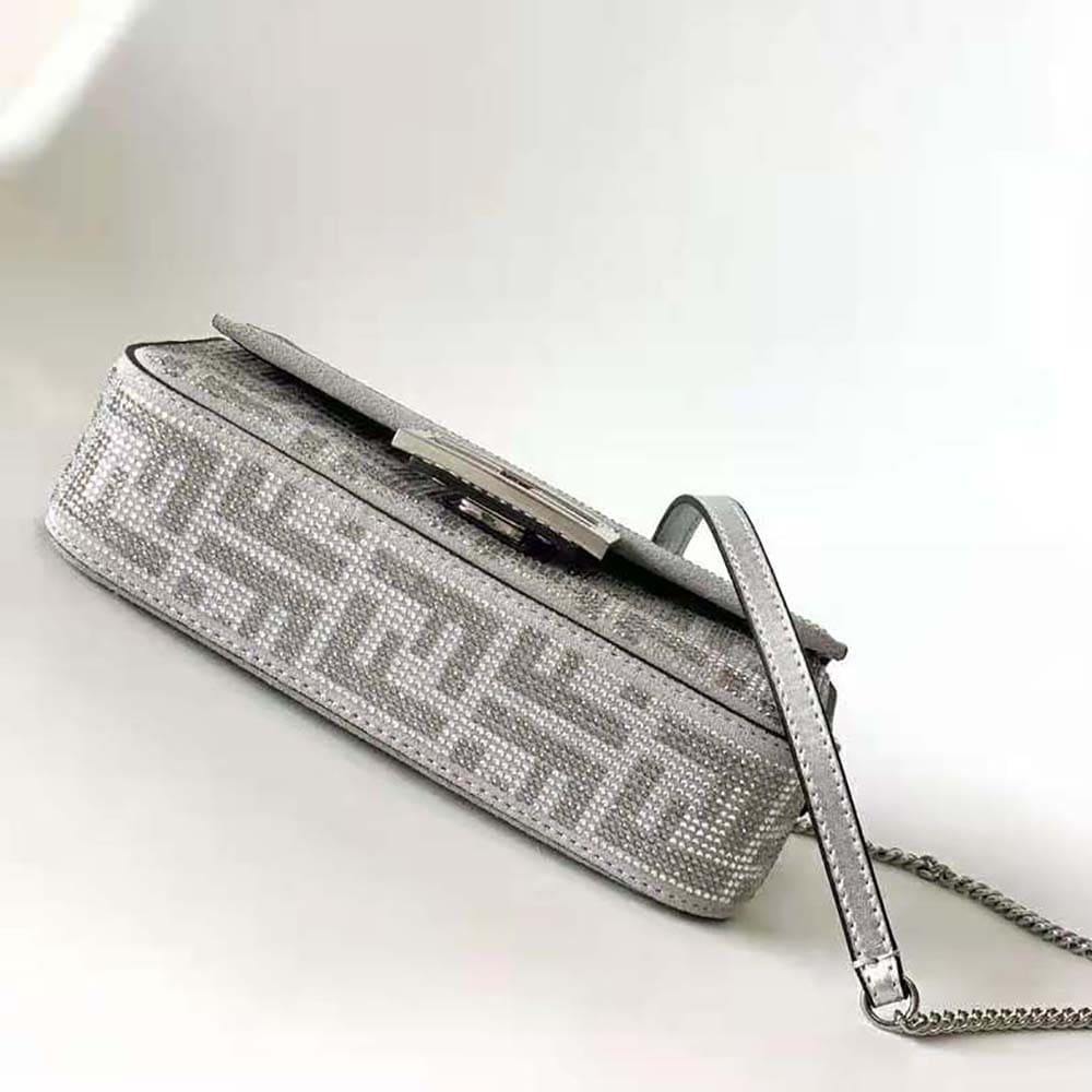 TÚI FENDI Women Baguette Mini Silver Leather Bag with Crystal FF Motif